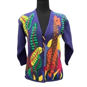 Clarine Vintage Purple 100% Wool Giraffe Jungle Intarsia Cardigan Sweater Small